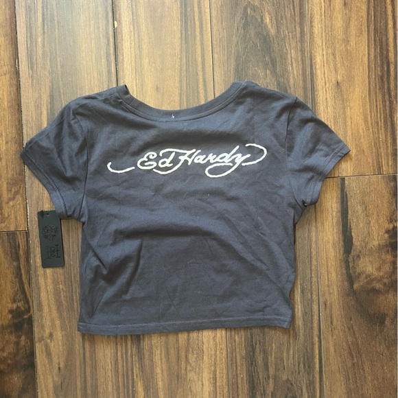 BNWT Ed Hardy Tattoo Rose Graphic Crop T-Shirt Grey Rhinestone Y2K Size M - Picture 4 of 8